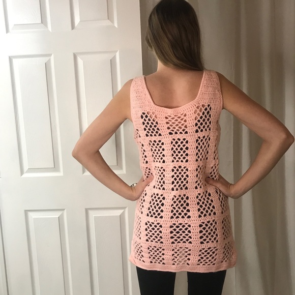 Vintage Pink Crocheted Sweater, Sweater Vest, Mini Dress, Grannycore Cottagecore - Picture 5 of 13